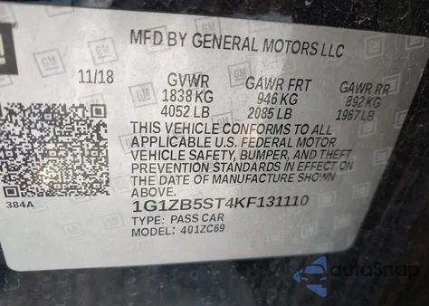 2019 Chevrolet Malibu 1Ls z USA, uszkodzony, nr VIN 1G1ZB5ST4KF131110